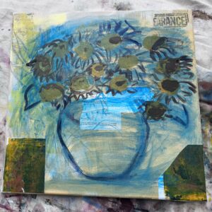 Mixed media painting of sunflowers on progress
