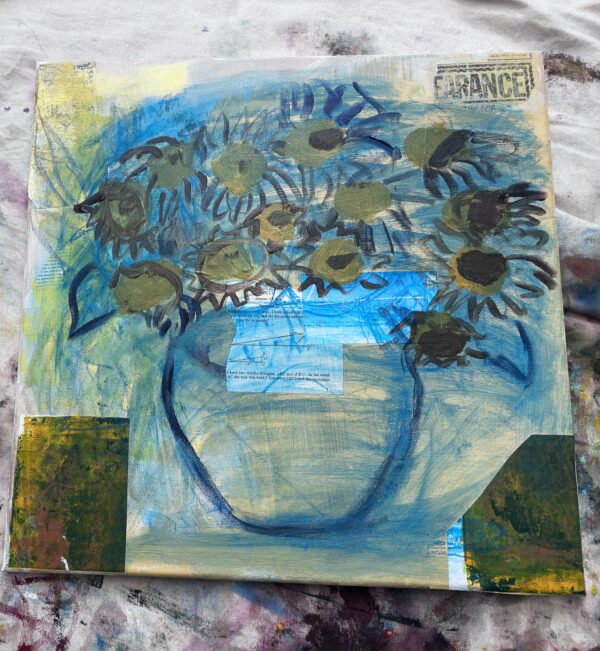 Mixed media painting of sunflowers on progress